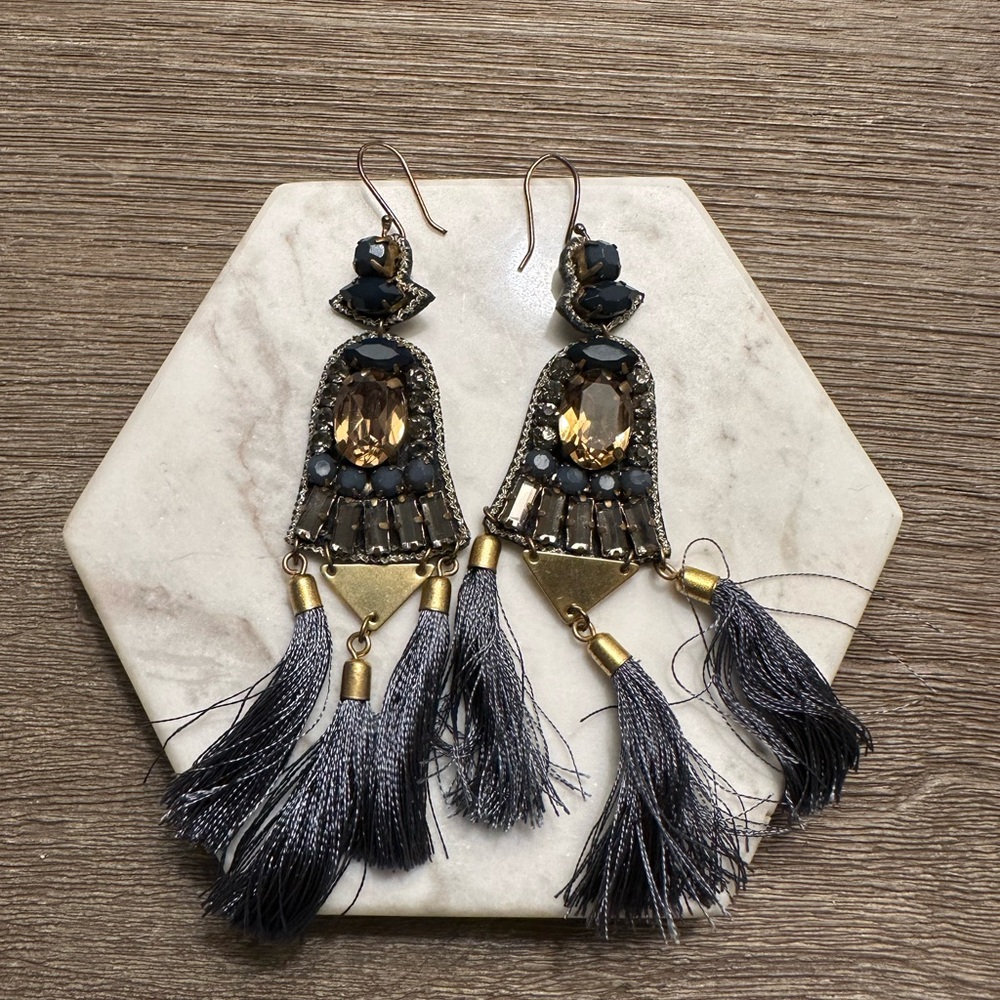 Elegant Gold and Slate Tassel Earrings